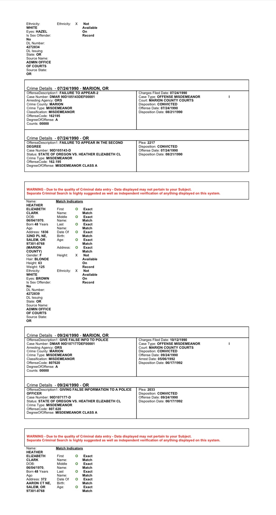 Criminal history evidence